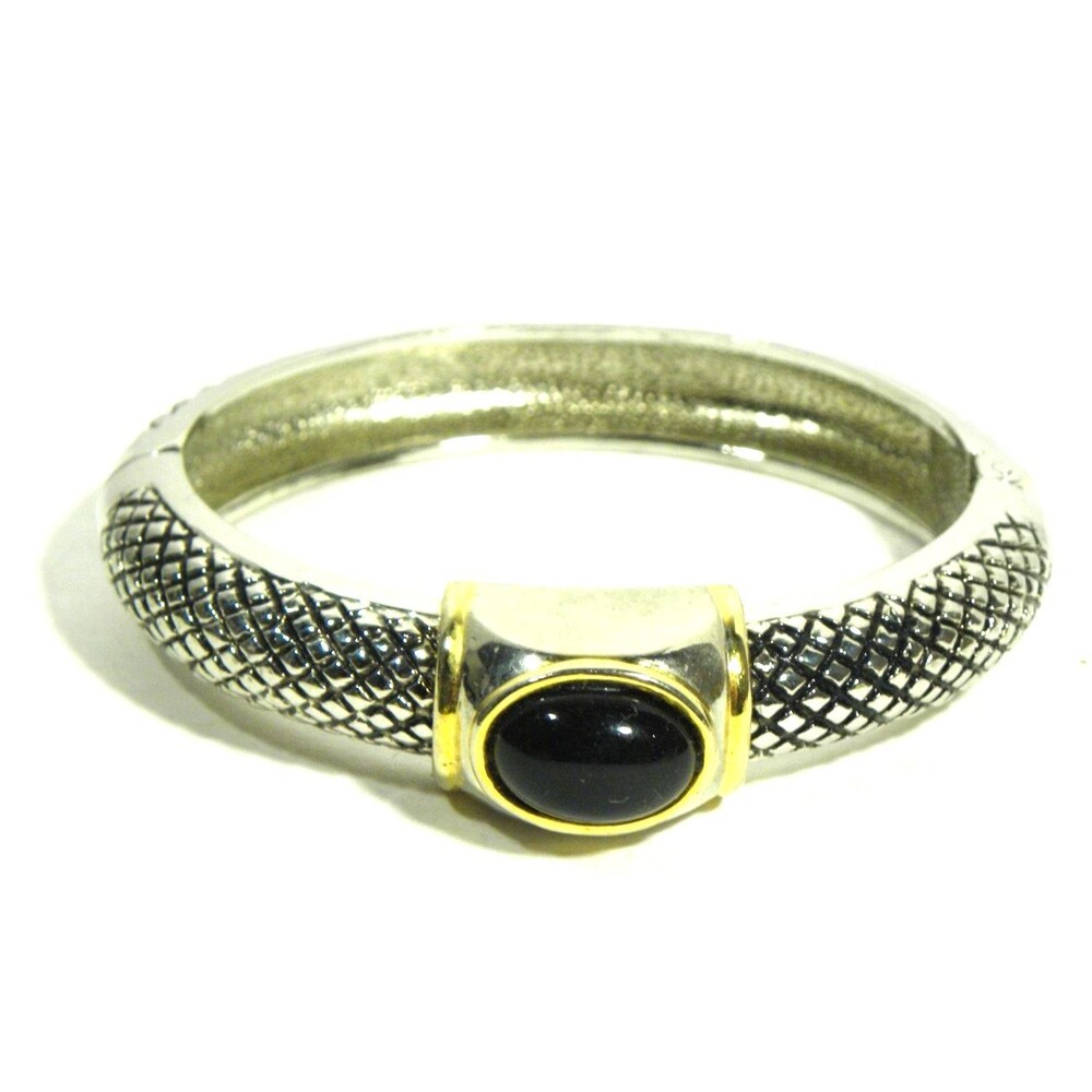 Textured Bangle Bracelet Black Cabochon Two Tone Silver Gold Clamper Hinged